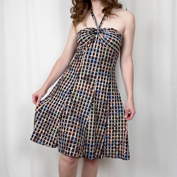 Vintage Multicolor Halter Knit Jersey A-Line Fit & Flare Mini Midi Summer Dress - Picture 2 of 8